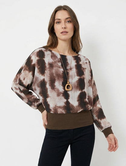 Aquarelprint top met lange vleermuismouwen - Bruin