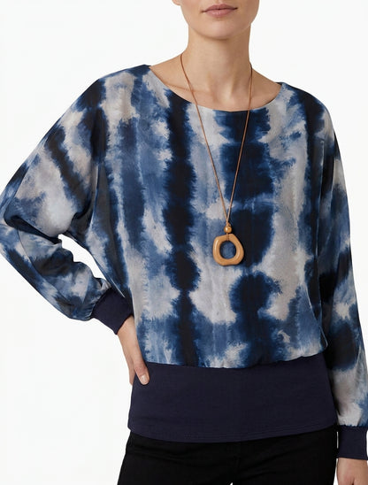 Aquarelprint top met lange vleermuismouwen - Marine