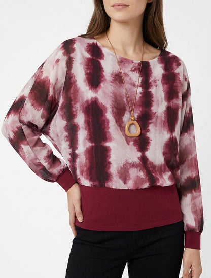Aquarelprint top met lange vleermuismouwen - Wijnrood