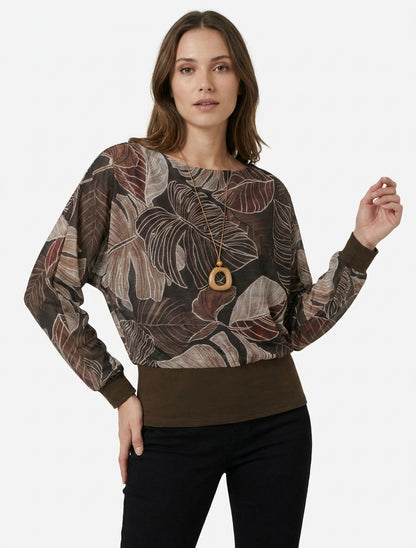 Iriseren top met tropische print en vleermuismouwen - Bruin