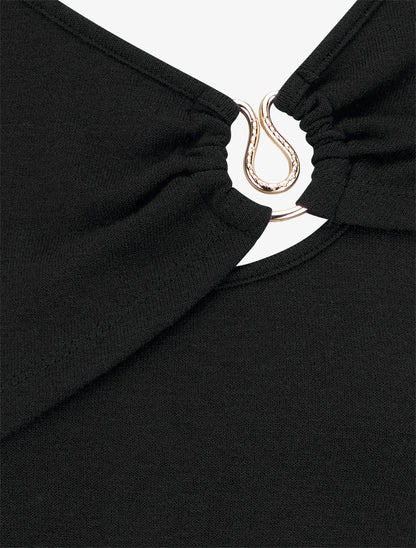 Pull fin et droit col rond froncé avec bijou - Noir - 3