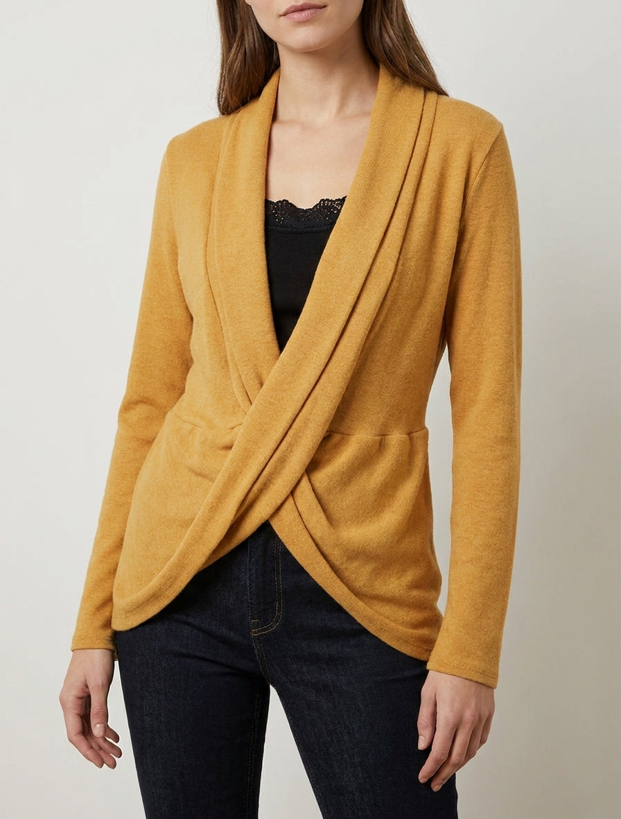 Gilet stijl trui met gedraaid effect en kanten voering - Mosterd/zwart