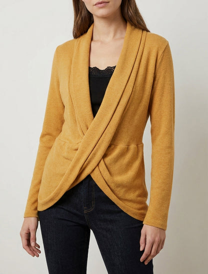 Gilet stijl trui met gedraaid effect en kanten voering - Mosterd/zwart
