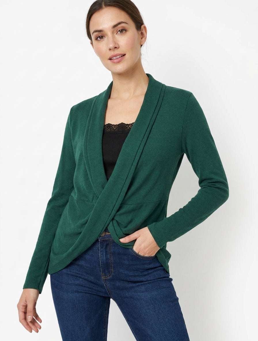 Gilet stijl trui met gedraaid effect en kanten voering - Donkergroen/zwart