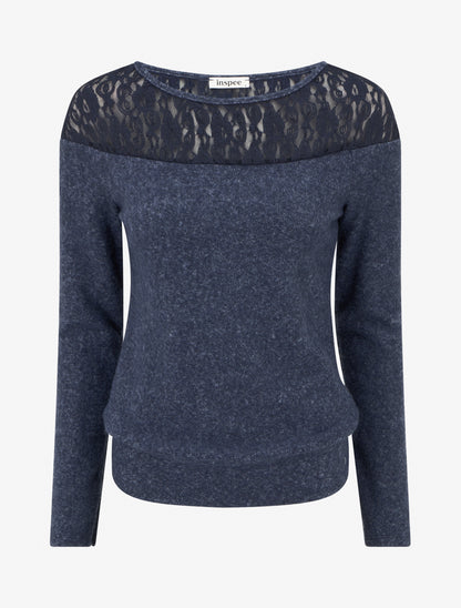 Pull duveteux droit à col rond et empiècement dentelle - Marine - 1