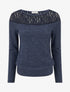 Pull duveteux droit à col rond et empiècement dentelle - Marine - 1