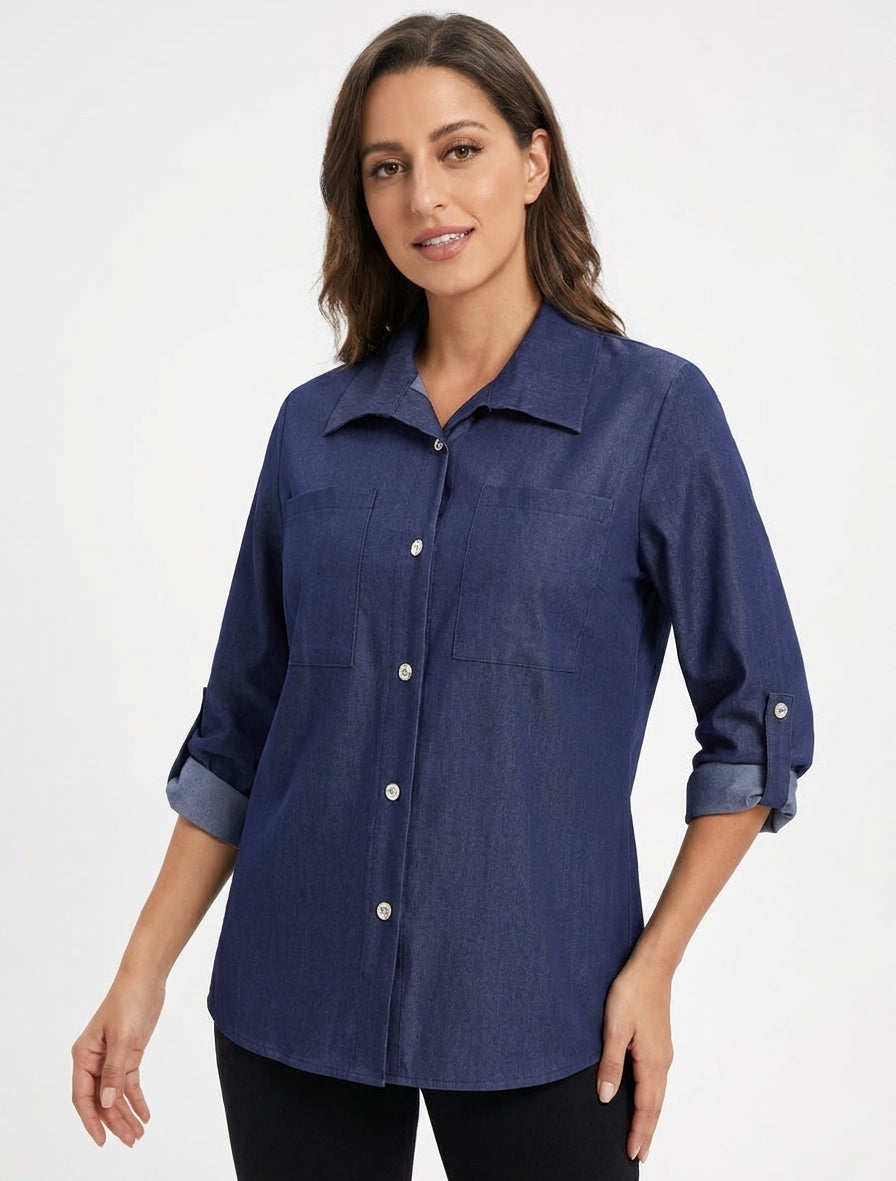 Recht basic overhemd met opgestikte zakken - Blauwe denim