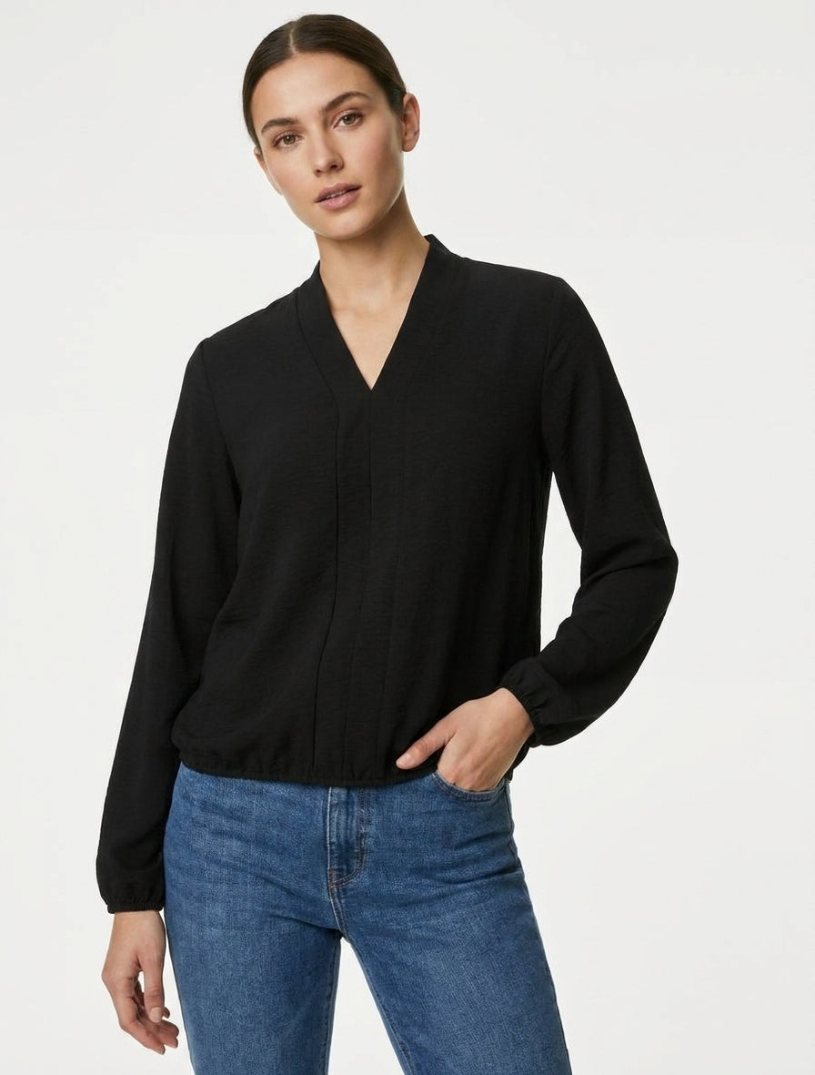 Top met lange mouwen en V-hals - Zwart