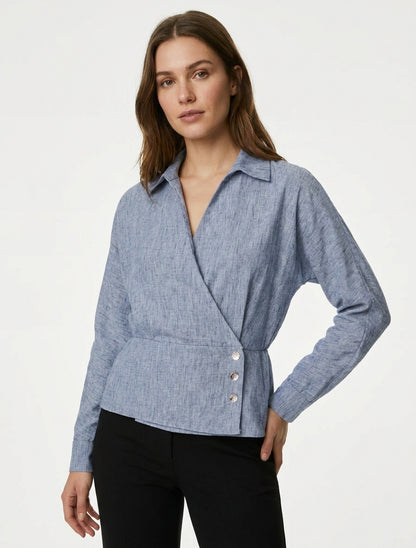 Elastische blouse met overslagkraag - Gemêleerd blauw