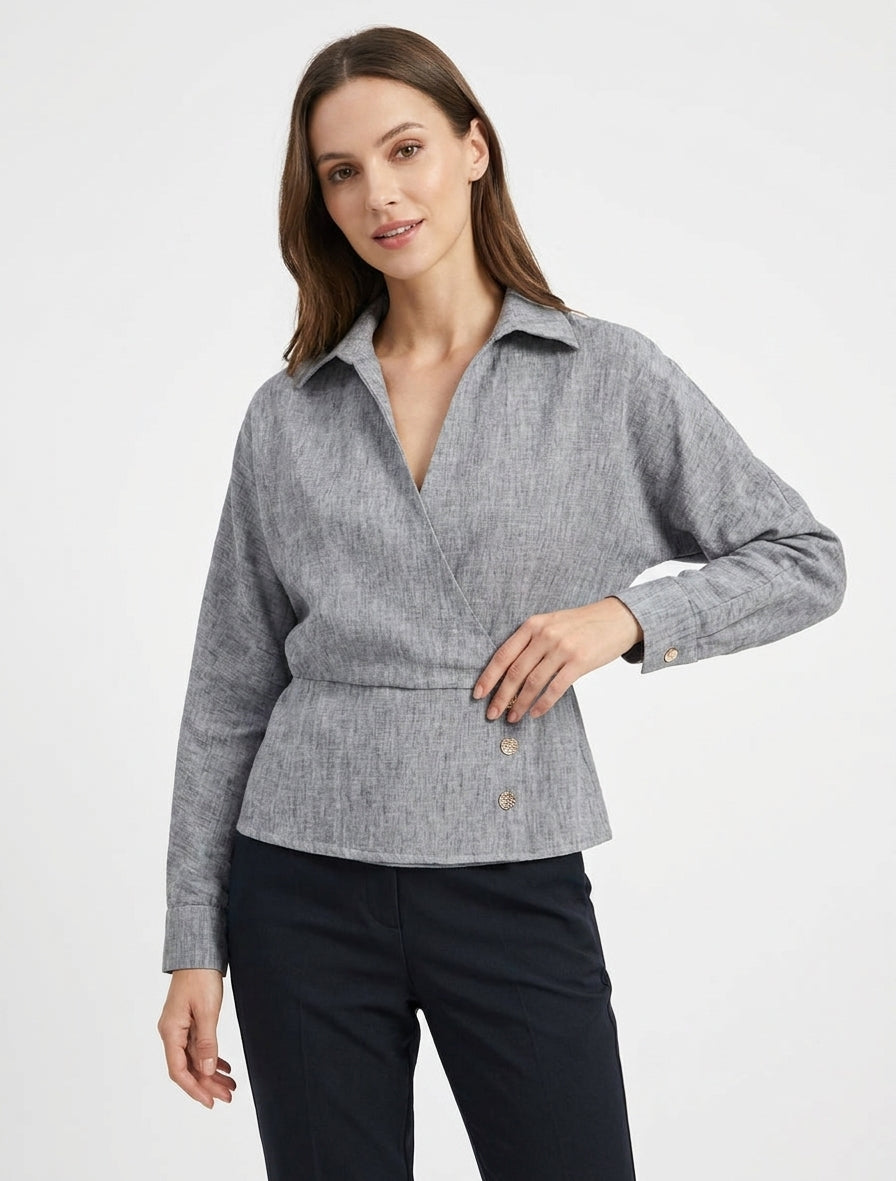 Elastische blouse met overslagkraag - Gemêleerd zwart