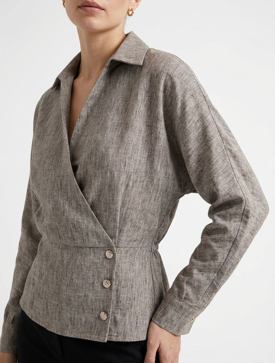 Elastische blouse met overslagkraag - Gemêleerd bruin