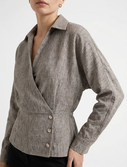 Elastische blouse met overslagkraag - Gemêleerd bruin