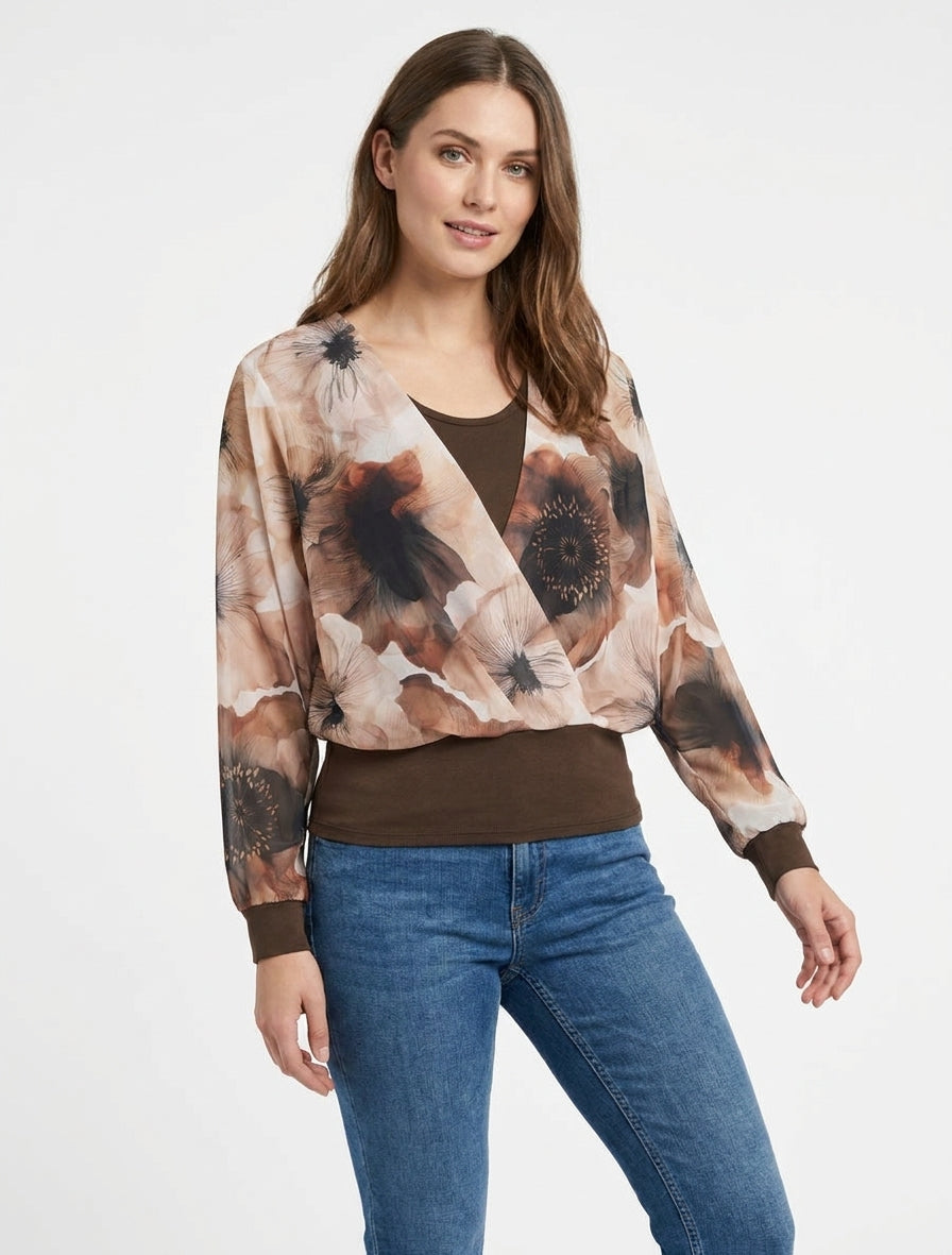 Top met grote bloemenprint en overslagkraag - Bruin