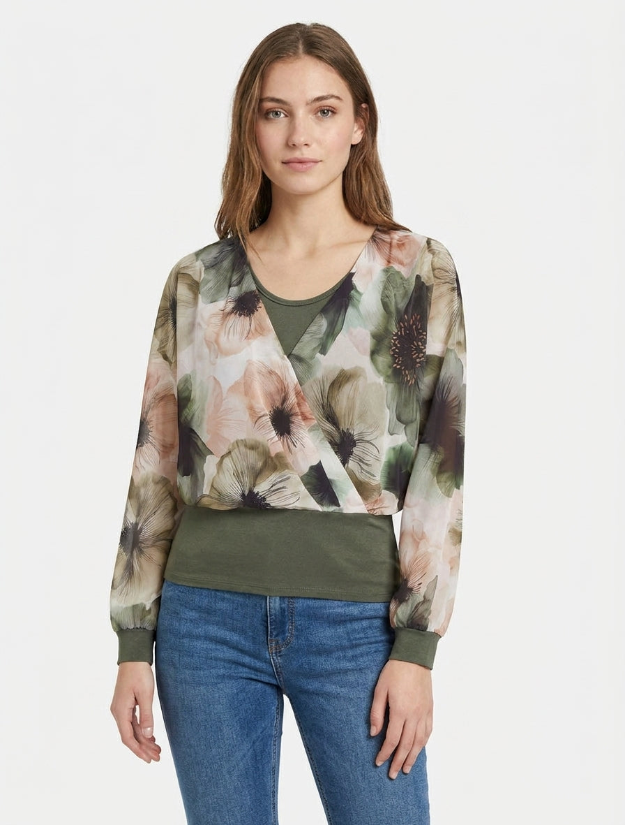 Top met grote bloemenprint en overslagkraag - Kaki