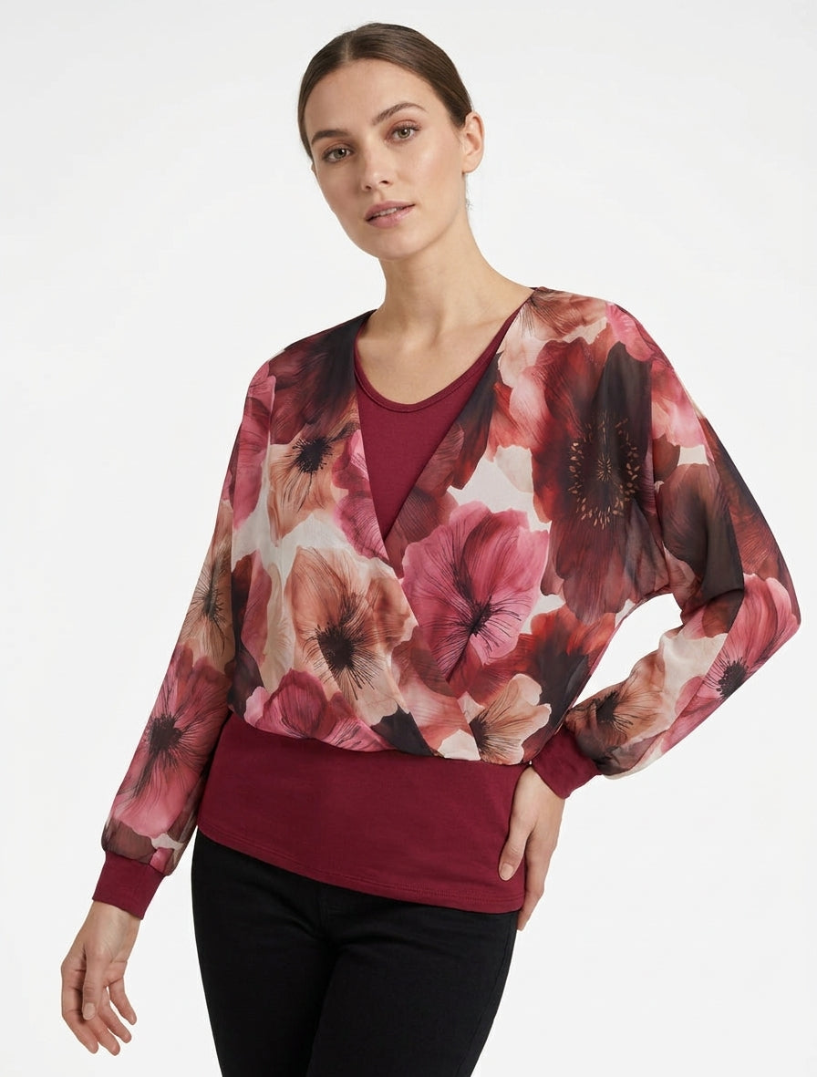 Top met grote bloemenprint en overslagkraag - Wijnrood