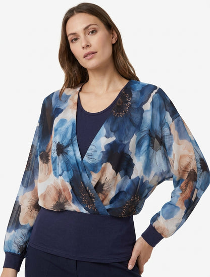 Top met grote bloemenprint en overslagkraag - Marine