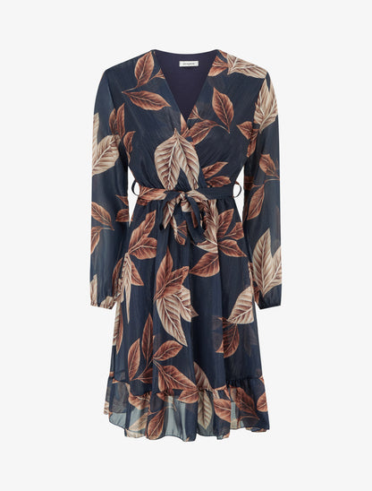 Robe irisée à imprimé feuilles et bords volantés - Bleu nuit - 1