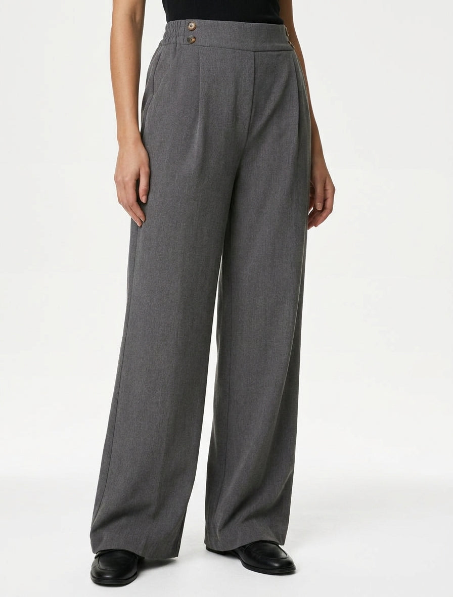 Wijde broek met hoge taille en knopen. - Grijs
