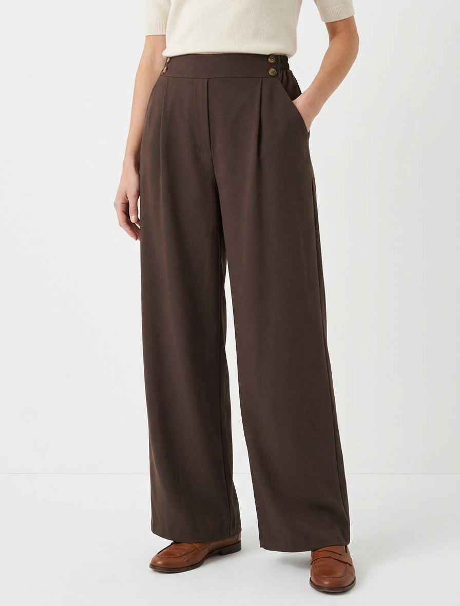 Wijde broek met hoge taille en knopen. - Bruin