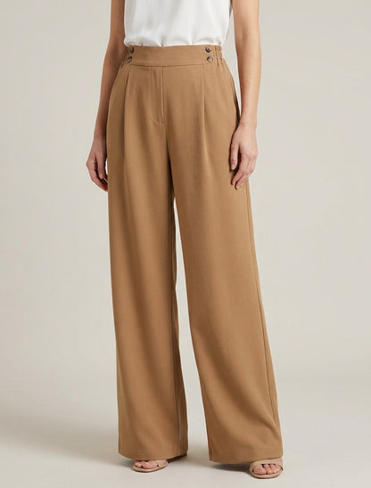 Wijde broek met hoge taille en knopen. - Kameel