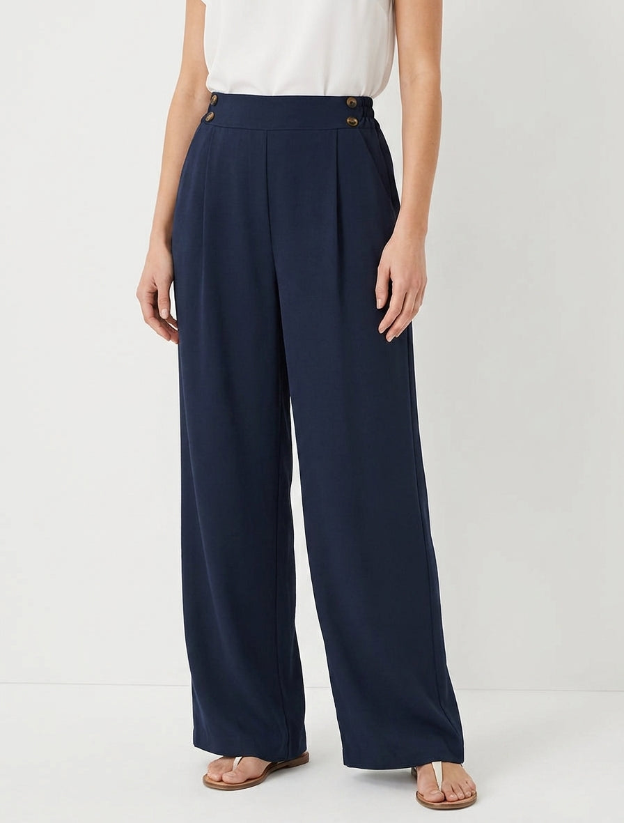 Wijde broek met hoge taille en knopen. - Marine