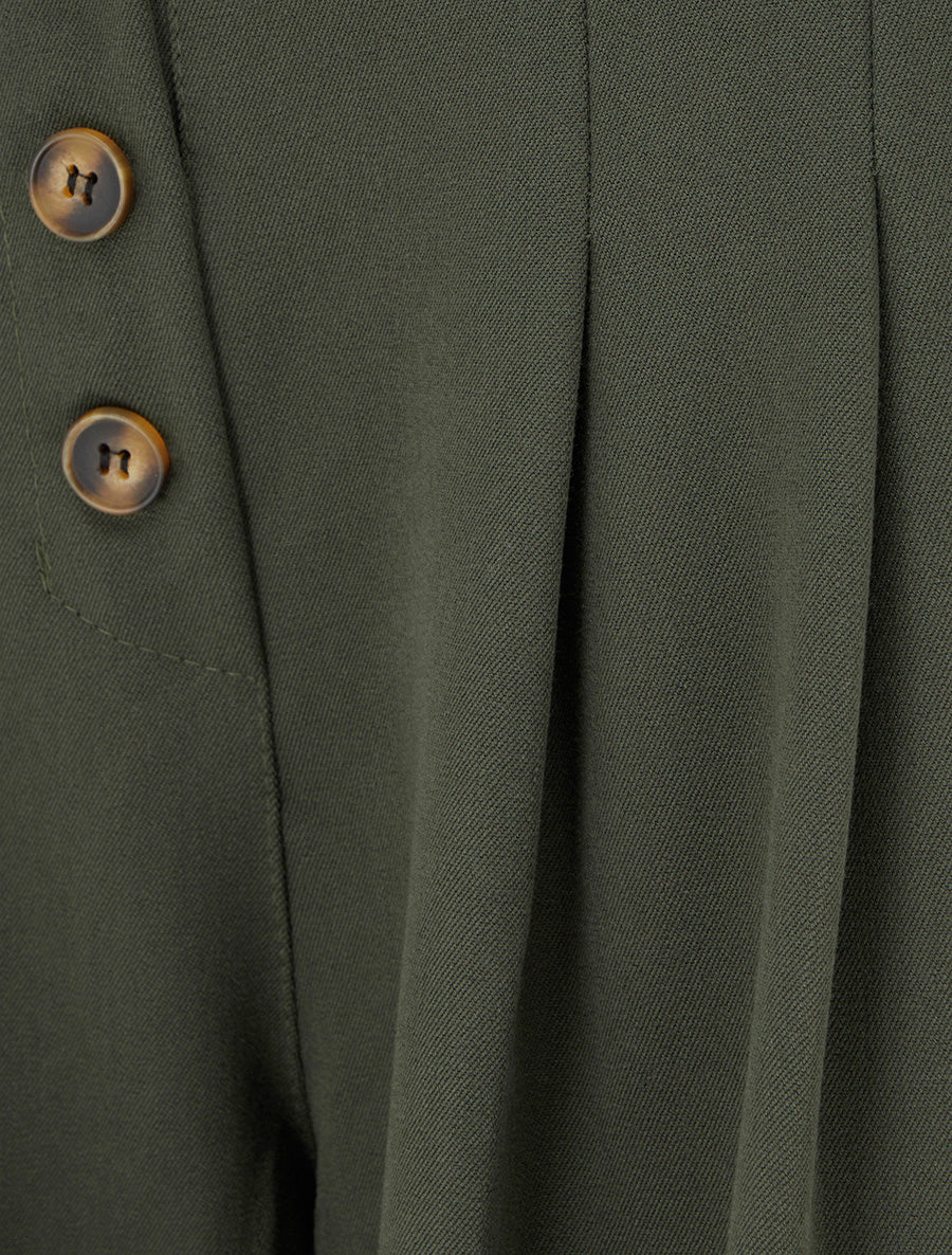 Pantalon ample à taille haute élastiquée et boutonnée - Kaki - 3