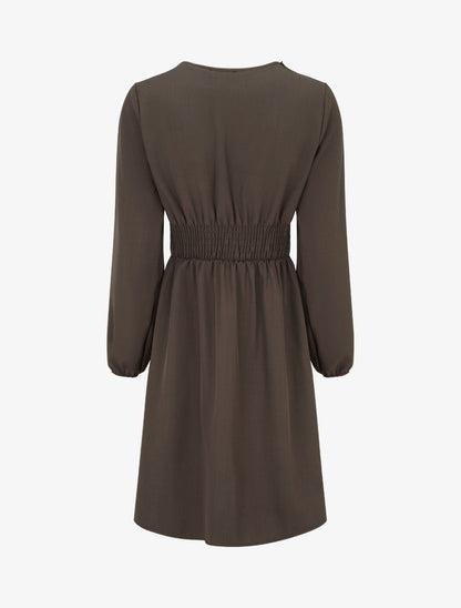 Robe évasée unie à manches longues et dentelle - Marron - 2