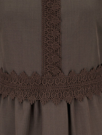 Robe évasée unie à manches longues et dentelle - Marron - 3