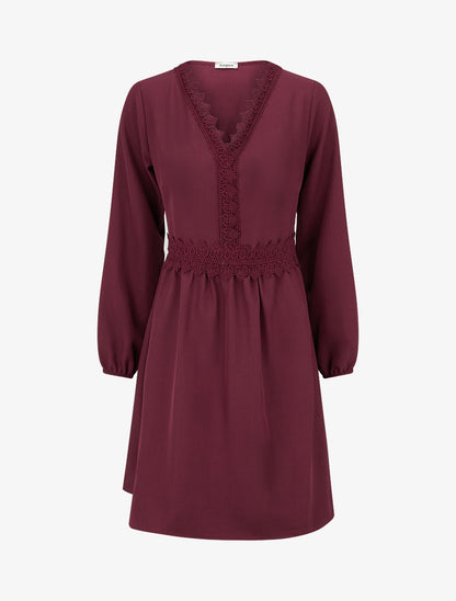 Robe évasée unie à manches longues et dentelle - Lie de vin - 1