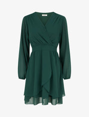Robe unie style portefeuille à manches longues - Vert foncé - 1