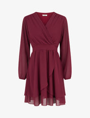 Robe unie style portefeuille à manches longues - Lie de vin - 1