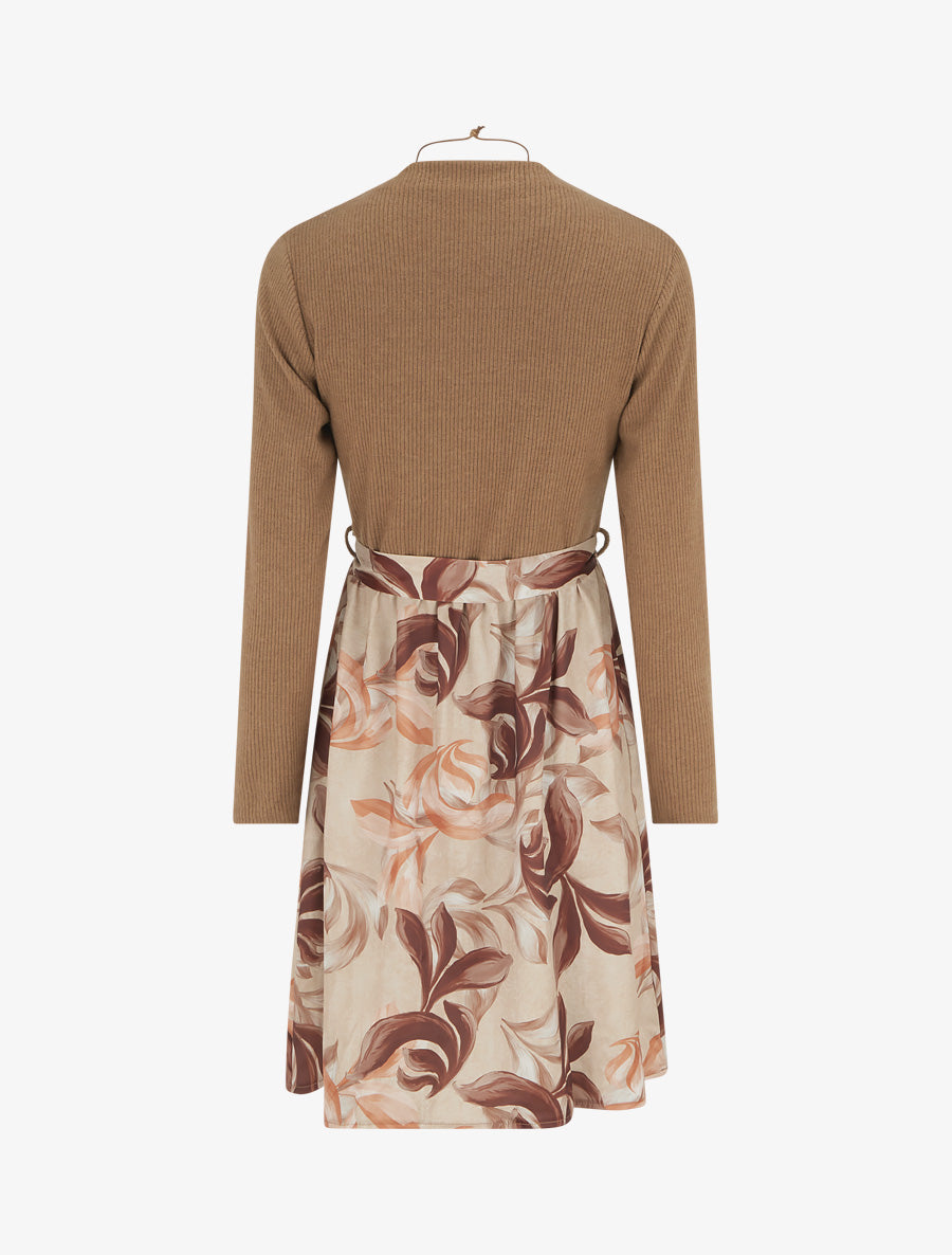 Robe bimatière à imprimé feuillage stylisé - Camel - 2