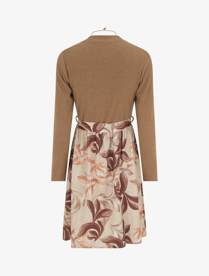 Robe bimatière à imprimé feuillage stylisé - Camel - 2