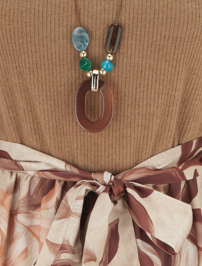 Robe bimatière à imprimé feuillage stylisé - Camel - 3