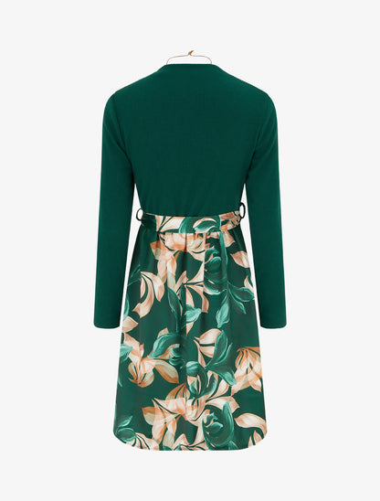 Robe bimatière à imprimé feuillage stylisé - Vert foncé - 2