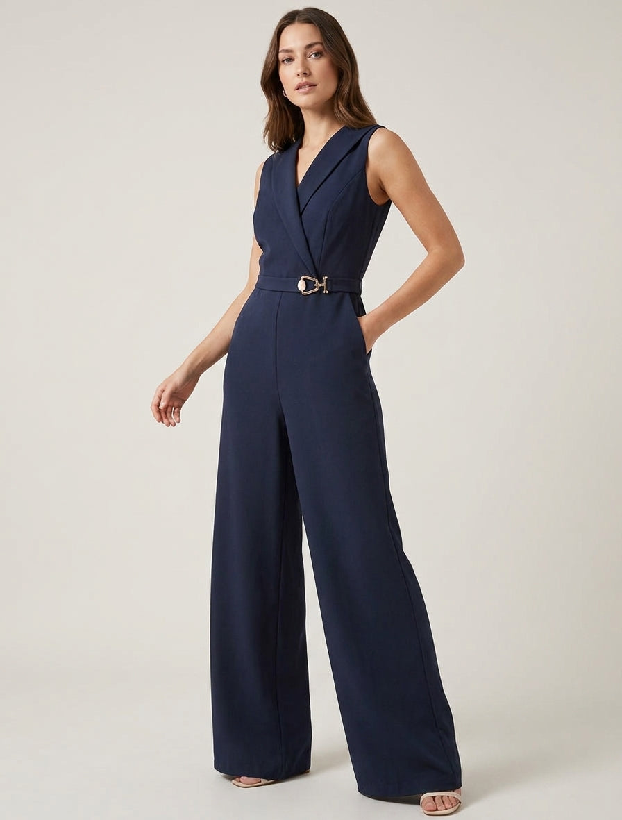 Rechte jumpsuit met overslagkraag en sieraad - Marine