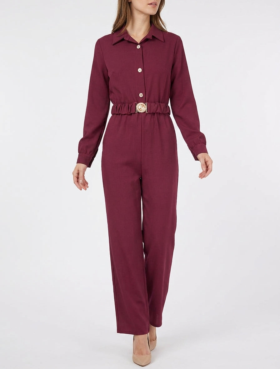 Rechte jumpsuit met lange mouwen en riem - Wijnrood