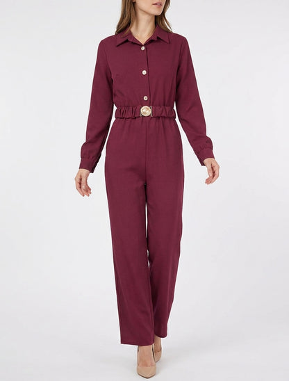 Rechte jumpsuit met lange mouwen en riem - Wijnrood