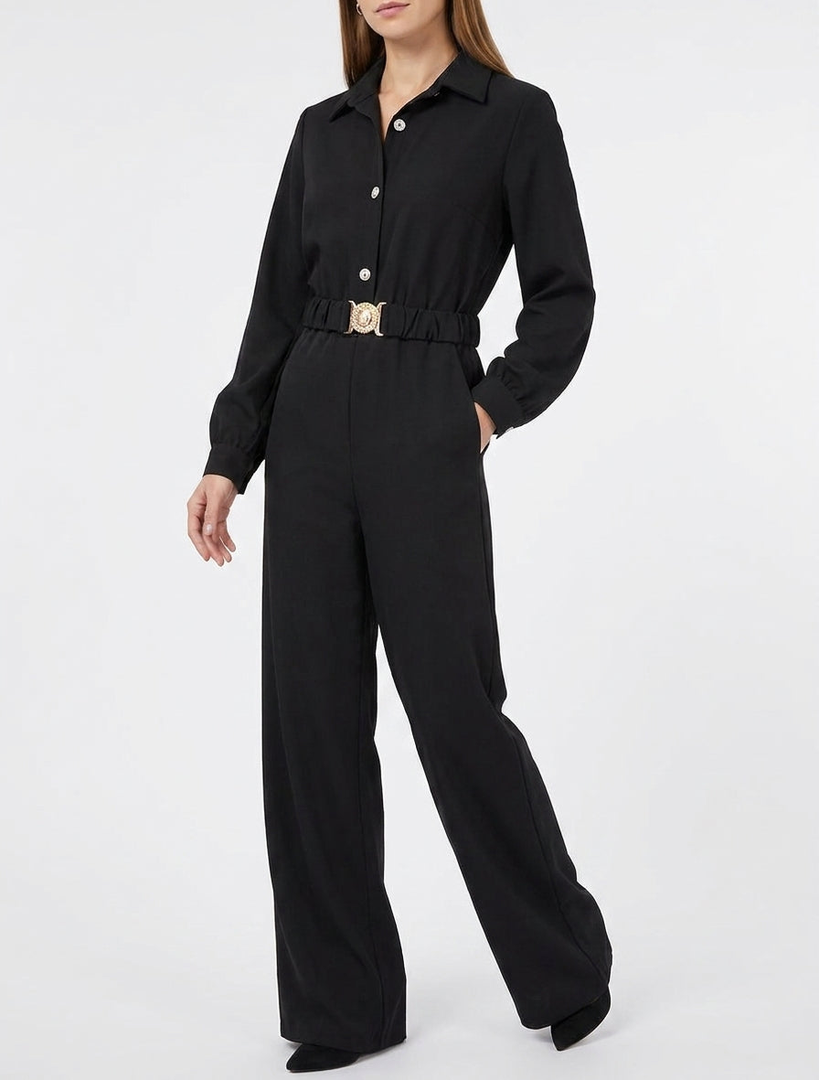 Rechte jumpsuit met lange mouwen en riem - Zwart