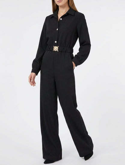 Rechte jumpsuit met lange mouwen en riem - Zwart