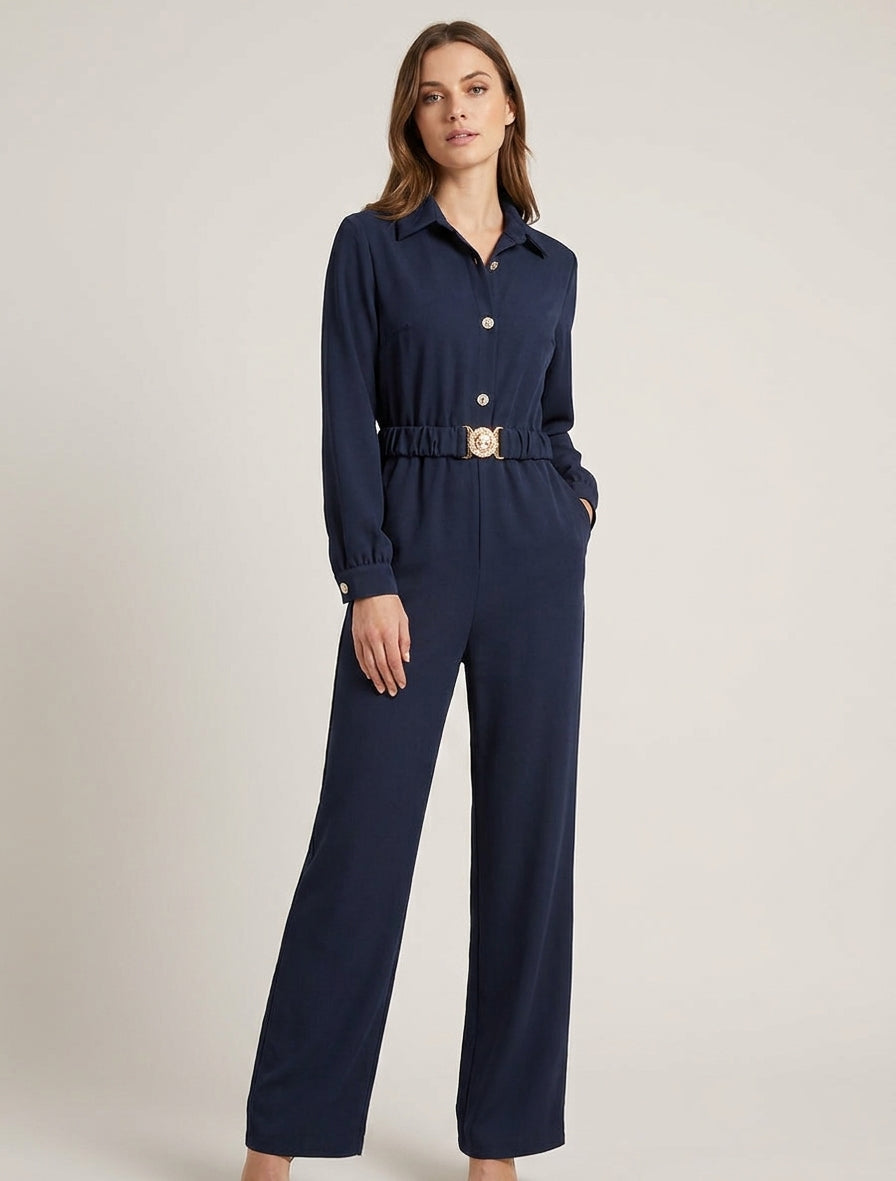 Rechte jumpsuit met lange mouwen en riem - Marine