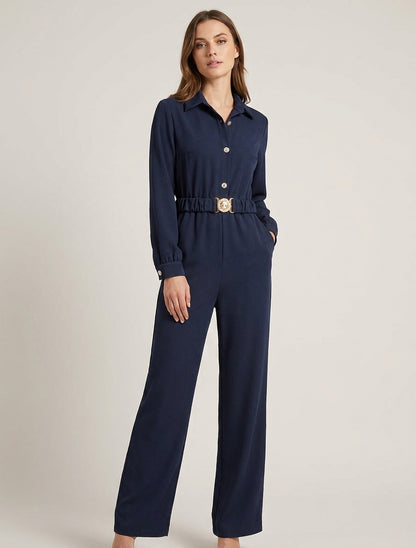 Rechte jumpsuit met lange mouwen en riem - Marine