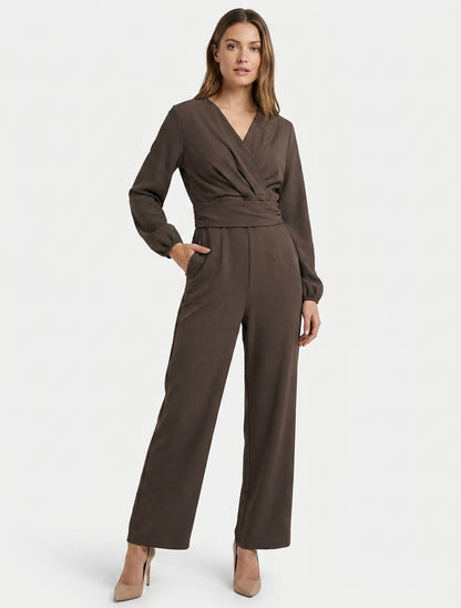 Lange mouwen jumpsuit met gedrapeerd taille-effect - Bruin