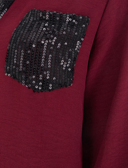 Top droit à col V et poche à sequins - Lie de vin - 3