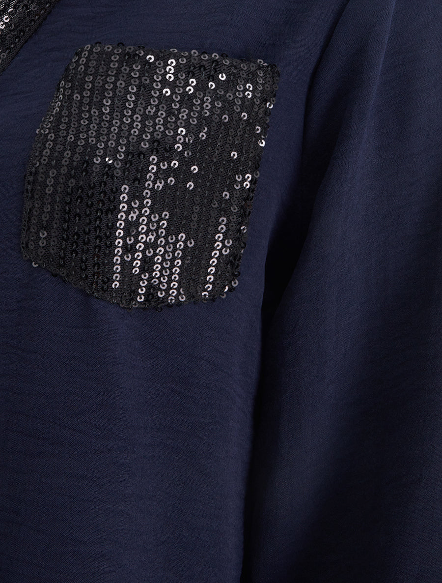 Top droit à col V et poche à sequins - Marine - 3