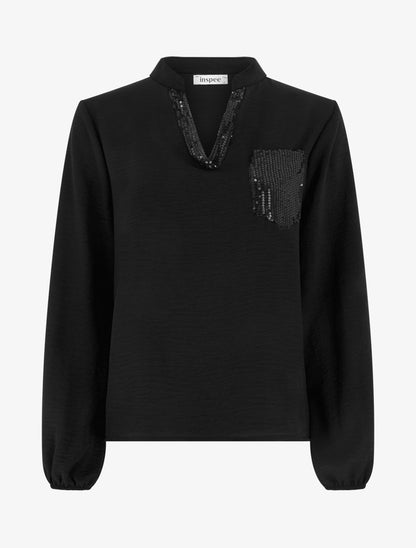 Top droit à col V et poche à sequins - Noir - 1