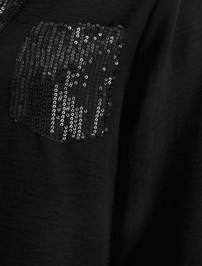 Top droit à col V et poche à sequins - Noir - 3