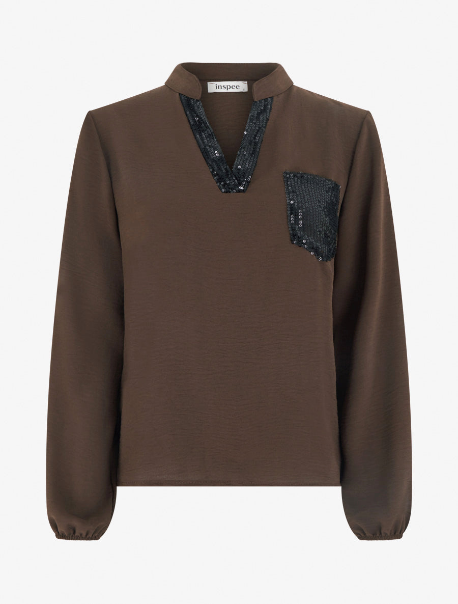 Top droit à col V et poche à sequins - Marron - 1