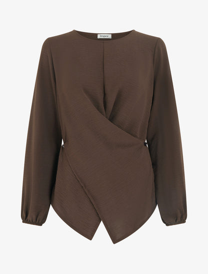 Top droit à bords boutonnés et effet croisé - Marron - 1