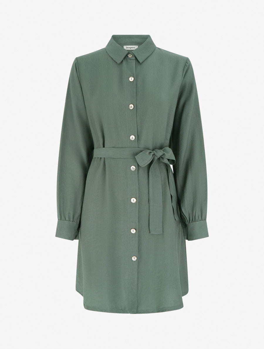 Robe chemise droite à manches longues - Kaki - 1